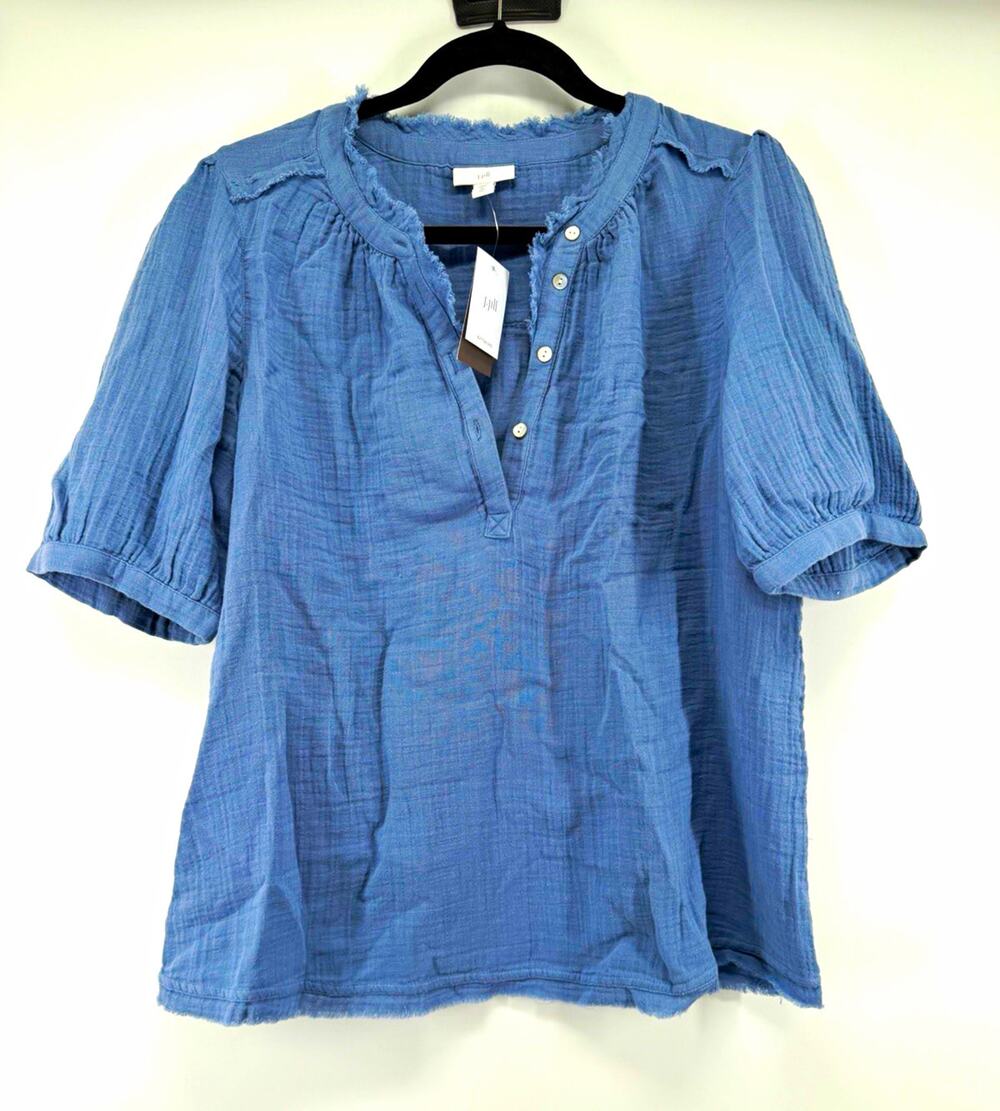 J.Jill Blue Woven Cotton V-Neck Button Front Fringe Blouse M Tall 100% Cotton